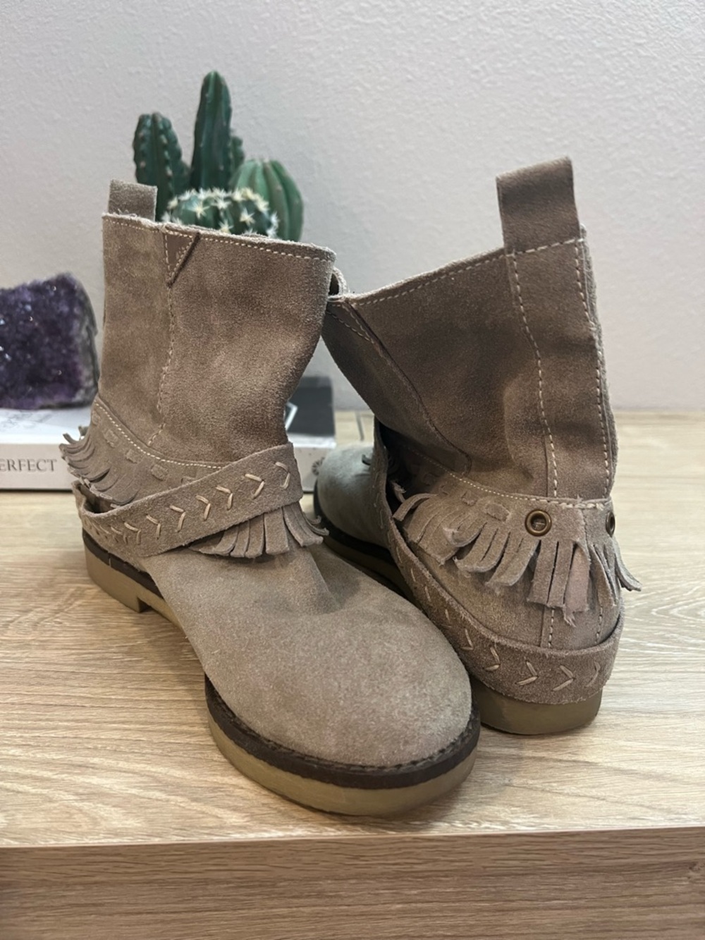 Coolway Suede Fringe Ankle Boots Taupe Boho Western EU 37 Womens